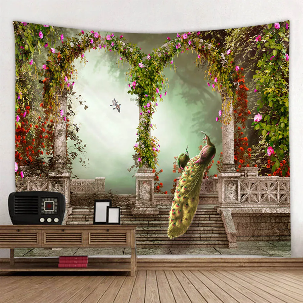 Flower brick wall landscape tapestry, printed hanging cloth, home decoration, bedroom living room background hanging cloth