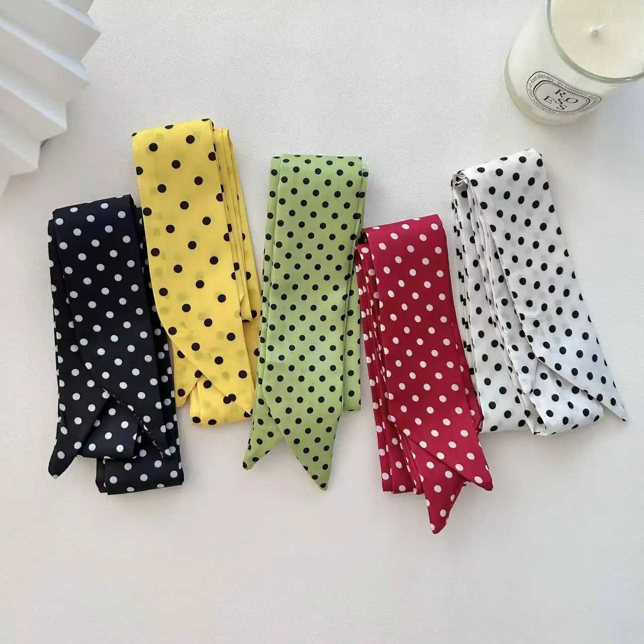 

Узкий длинный шелковый шарф, красно-желтый в горошек, резинки для волос, сумка, сетчатый пояс, модный женский аксессуар