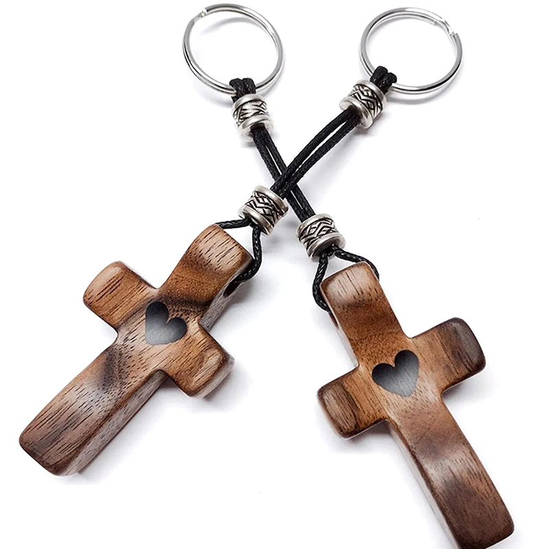 

New Wooden Handmade Cross Adjustable Keychain Christian Walnut Cross Pendant Decorative Key Accessories