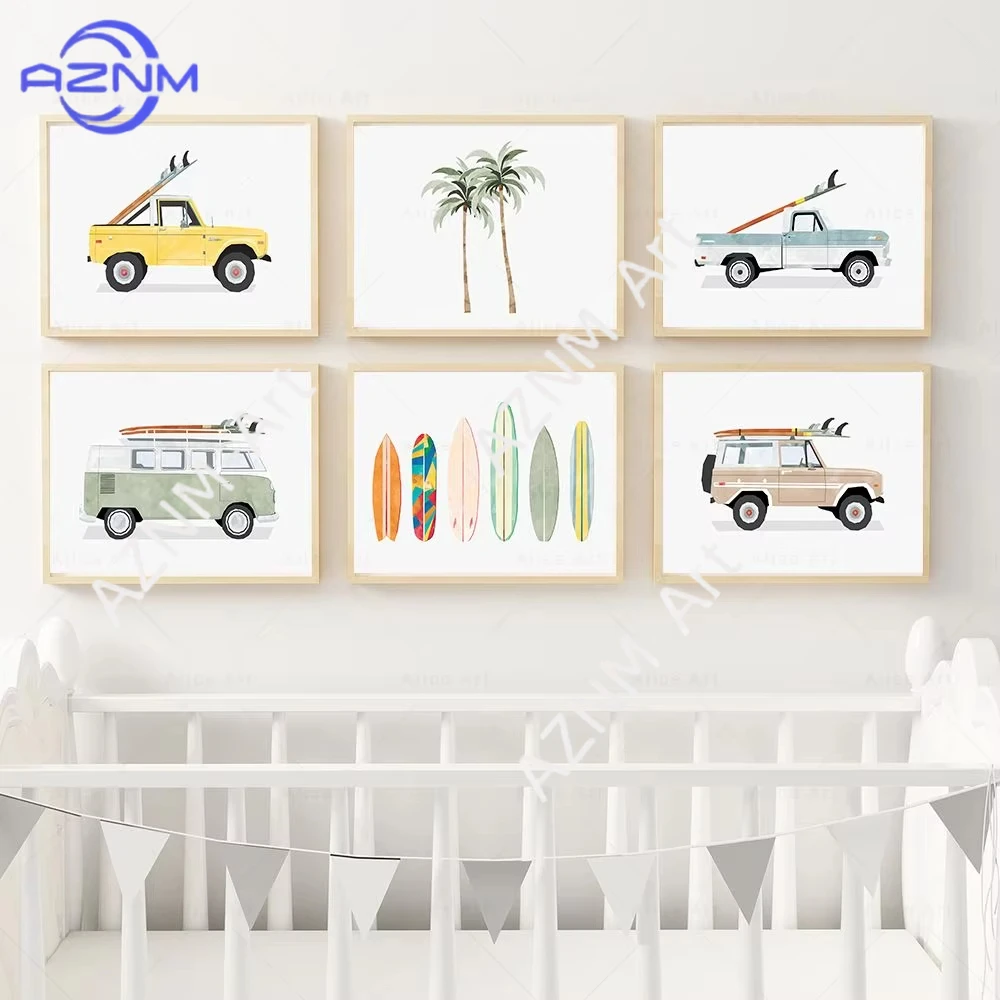 1 Stück Auto-Palmen-Surfbrett Wandkunst Leinwanddruck Nordische Poster und Drucke Kinderzimmer Surf-Bilder Kinderzimmerdekoration