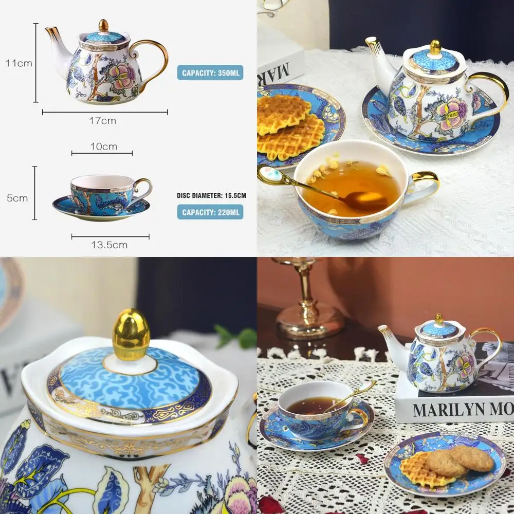 

Vintage Floral Bone China Tea Set for One, Porcelain Teapot and Cup Gift for Women (Blue)