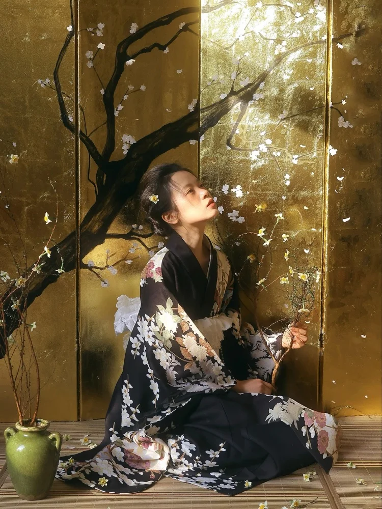 Japan Style Women's Modified Kimono Black Color Sakura Prints Traditional Yukata Performing Dress Cosplay Costume