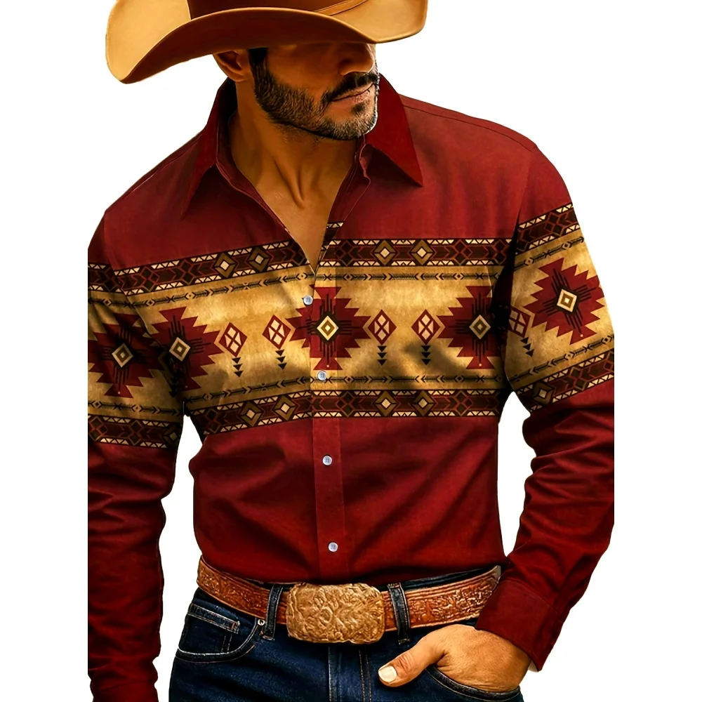 

Western Cowboy Style Ethnic Shirt Fashion 3D Print Shirt Vintage Button up Shirt Casual Long Sleeve Shirt Street Blouse for Mens