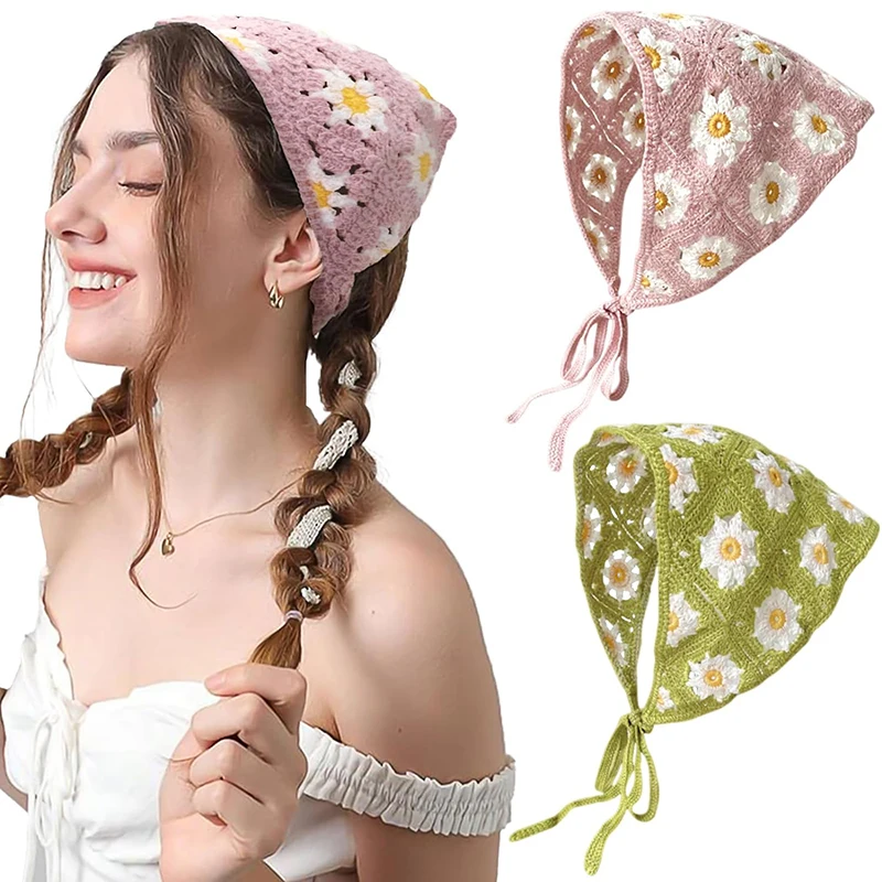 Korean Style Knitted Hollow Hook Flower Triangular Scarf Fashionable And Cute Summer Travel Girl Headband ﻿ ﻿
