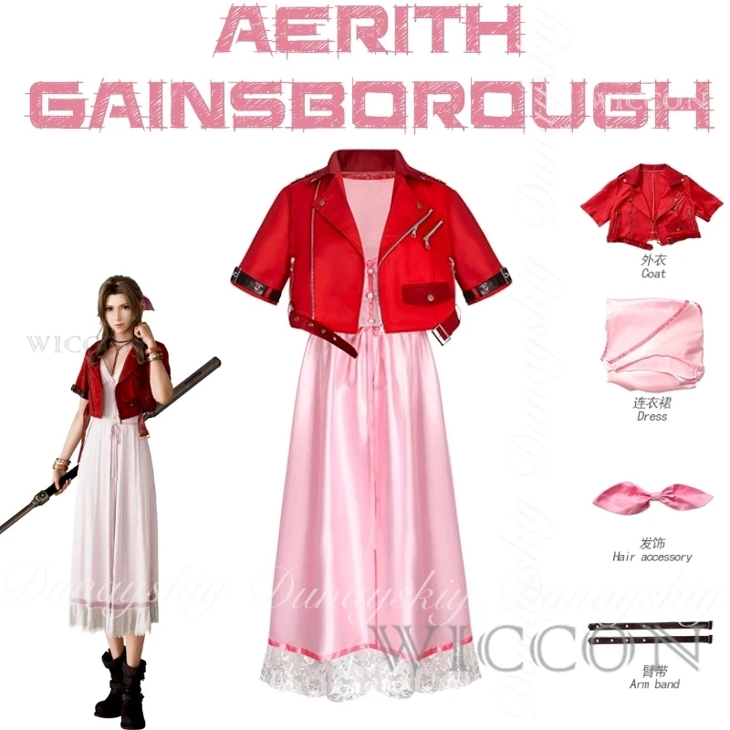 

Final Fantasy VII Aerith Gainsborough Косплей Коричневый парик Розовое платье Красная куртка Все комплекты на Хэллоуин