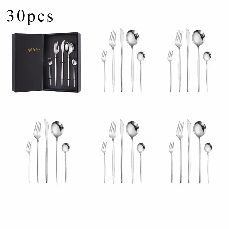 

30pcs Silver Dinnerware Set Stainless Steel Tableware Set Knifes Forks Spoons Luxury Cutlery Set Gift Box Eco Friendly Flatware