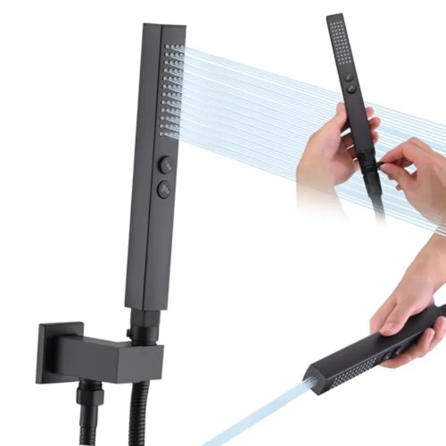 

All-Metal High Pressure Square Handheld Shower Head with Jet Spray and Rainfall Modes Volume Control Regulator ON/OFF Switch Ho