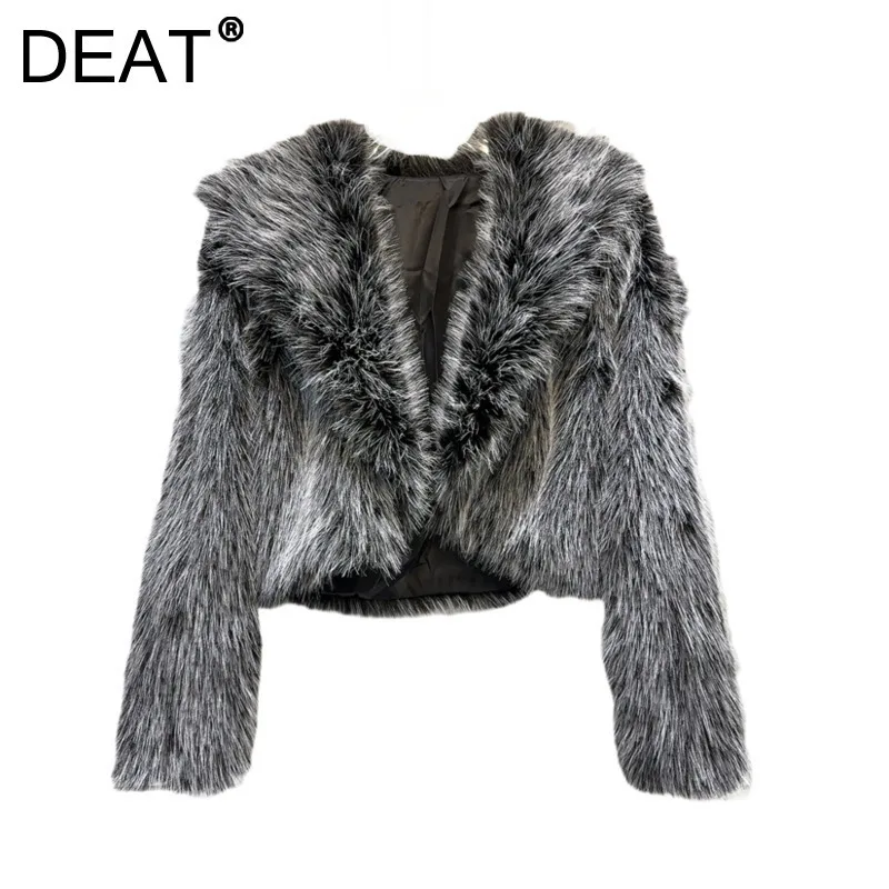 DEAT Women\'s Coat Gradient Black Sailor Collar Super Short High Waist Luxury Faux Fur Jackets 2024 Winter New Fashion 29L8819