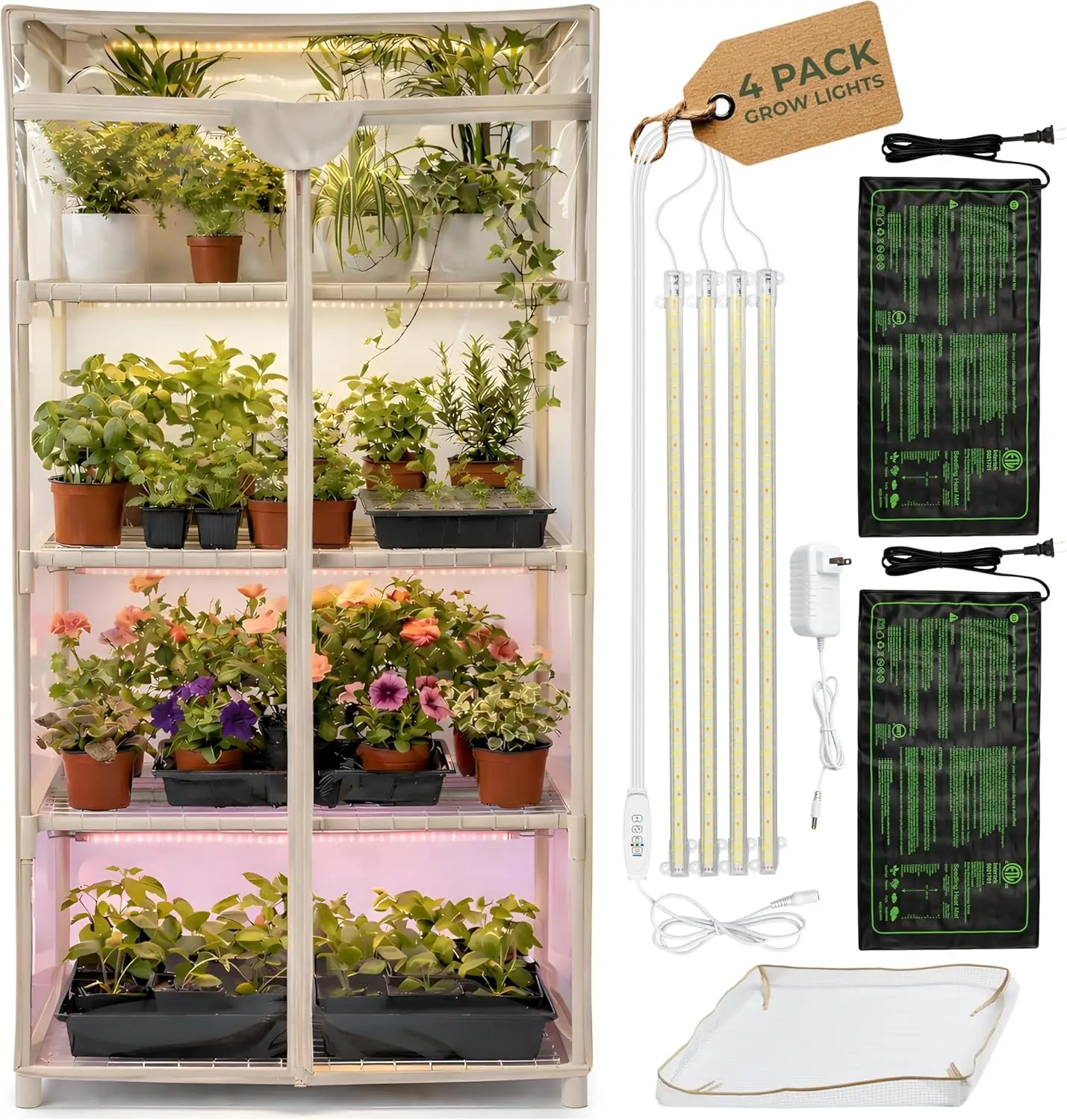 

Тепличка для выращивания растений в помещении с фитолампами - 4-ярусная, 27,2 дюйма (длина) x 19,3 дюйма (ширина) x 54 дюйма (высота), с 2 тепловыми матами и 4 диммируемыми светодиодными лампами полного спектра по 15 Вт.