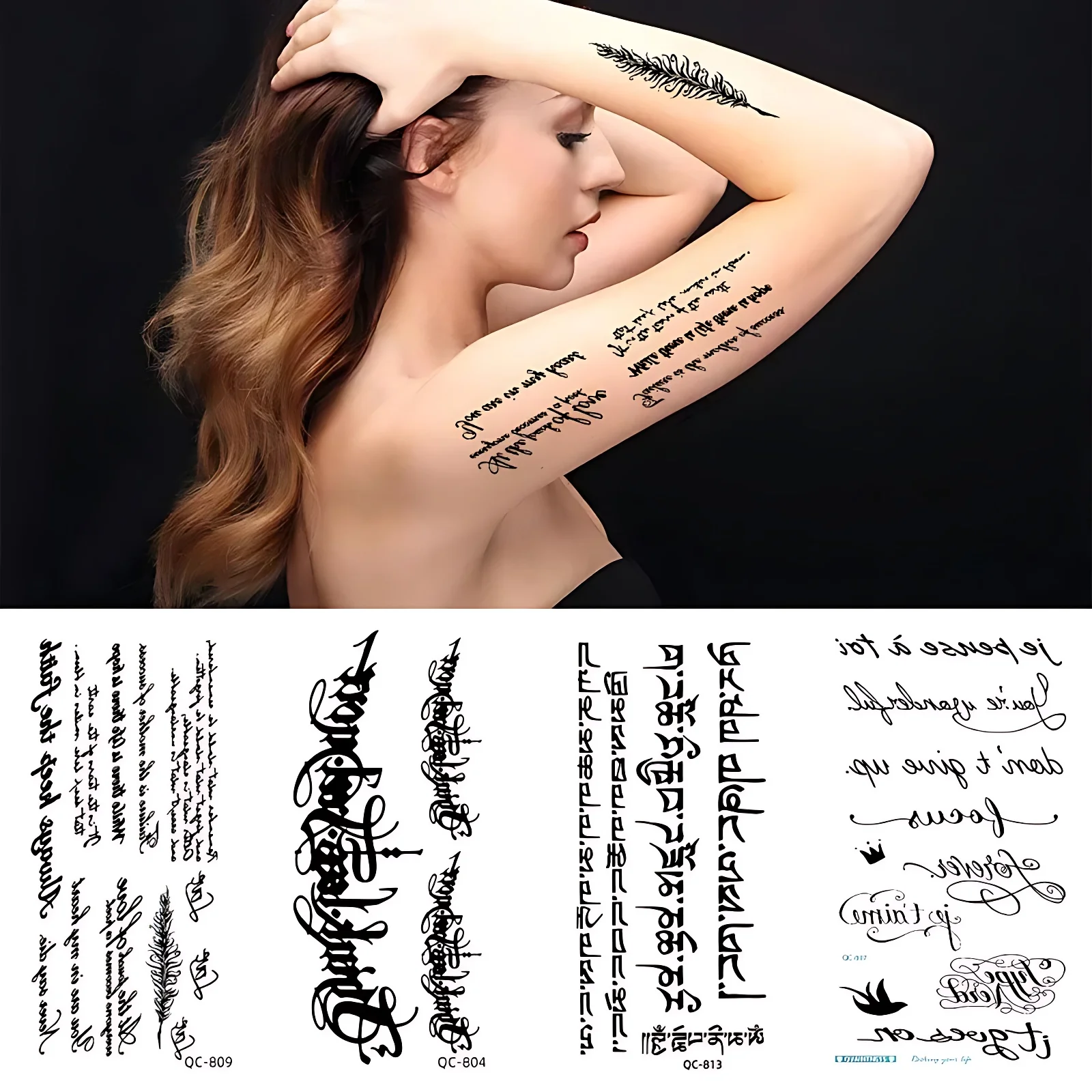 Letters Half Arm Temporary Tattoos Stickers for Men Women Black Arabic Words Quote Fake Tattoos for Adult Teens Forearm Tatuagem