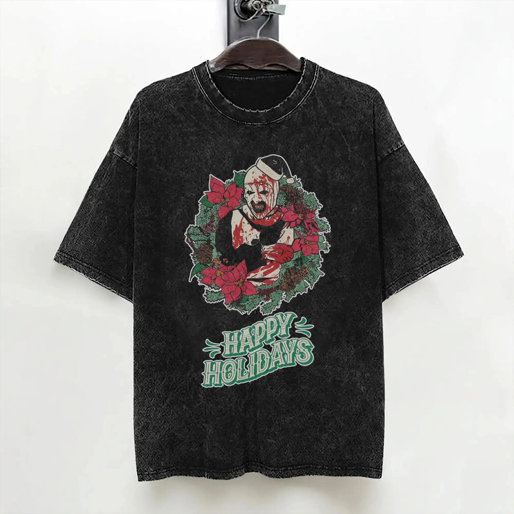 Terrifiers Christmas Santa Scary Clown T Shirt Washed Short Sleeve Harajuku T-Shirt Halloween Men Women Streetwear Printed Tees
