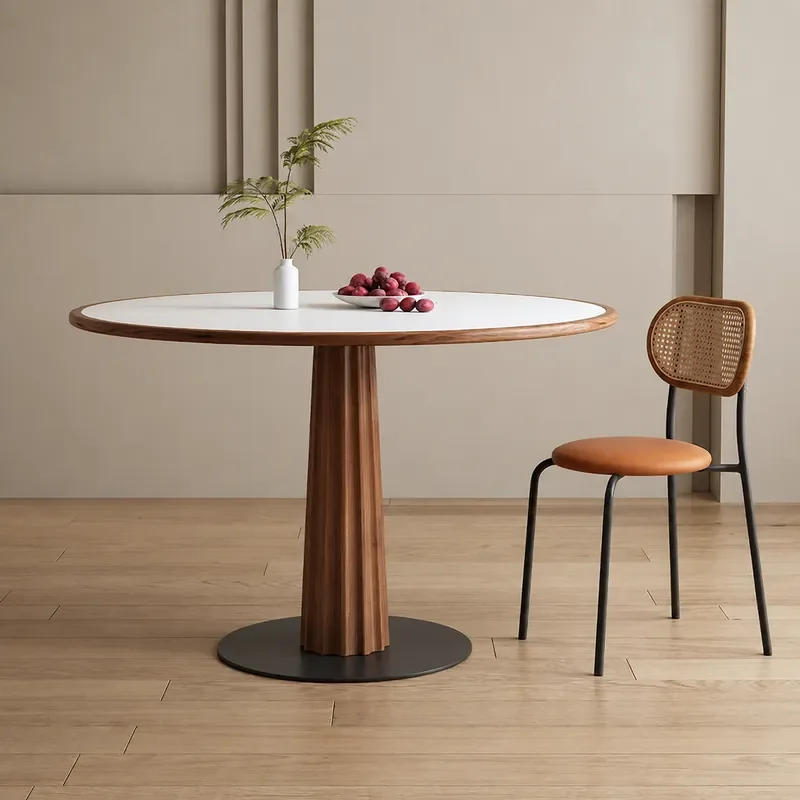 Solid Wood Round Dining Table Set with Pure White Sintered Stone Top Simple Modern Style Small Apartment Furniture for Home