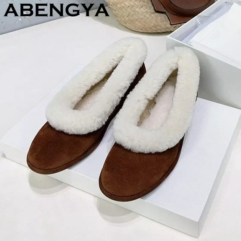 

2025 Winter Wool Lining Flat Loafers Shoes For Women Round Toe Suede Leather Slip On Lazy Shoes Casual Warm Fur Snow Boots Mujer