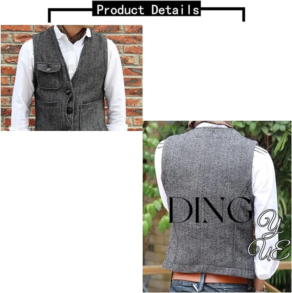 Herringbone Men\'s Suit Vest V Neck 3 buttons Woolen Mens Vests Waistcoat Jacket 3 Pockets Casual Formal Business chaleco hombre