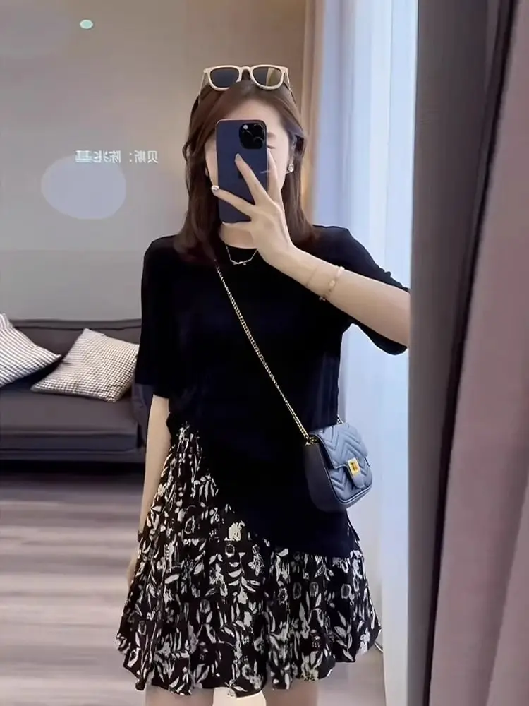 Verão feminino nova moda magro ajuste camiseta + saia impressa high-end conjunto de duas peças