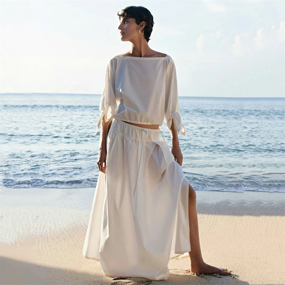 

Simple One-Shoulder Shirt Skirt Set Cotton Batwing Sleeve Drawstring High-Waisted Spring Summer Fashion Women's Clothing