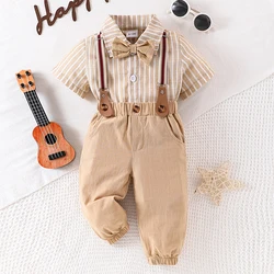 Two piece boy gentleman style vertical short sleeved shirt with bow tie decoration and detachable shoulder strap pants set