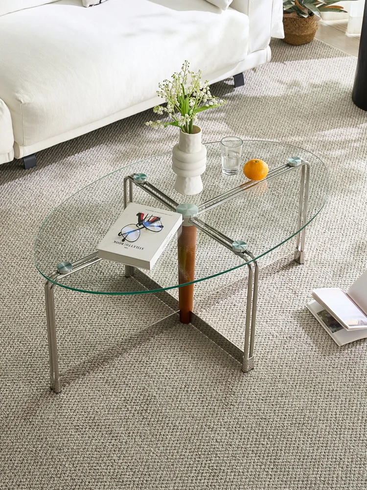 

Nordic retro glass coffee table small apartment simple tempered coffee table oval living room tea table stainless steel low tabl