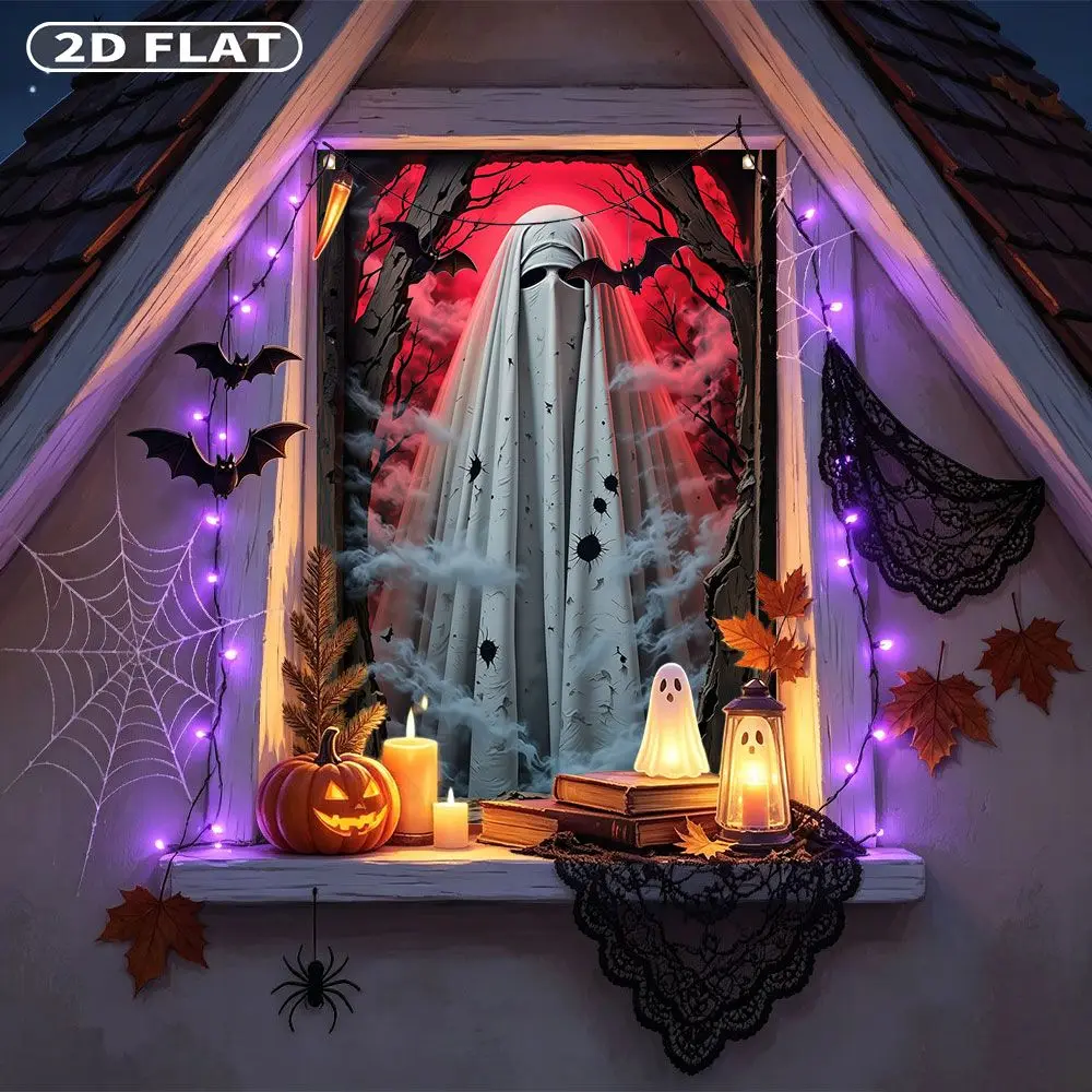 2D FLAT 1pc Party Window Cover Banner, with Ghostly Figure In White Robe With Black Holes, No Power Need Home Decor
