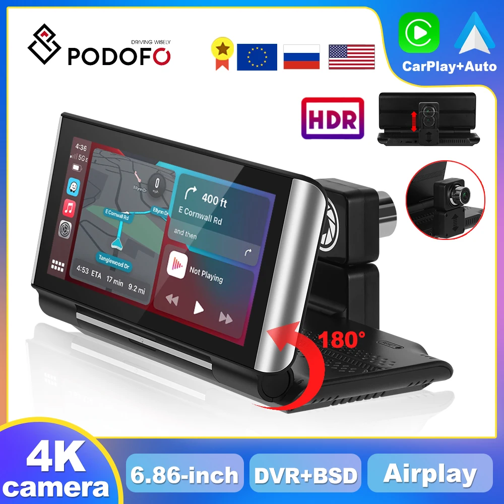 

Podofo 6.86 inch Wireless CarPlay Android Auto Dash Cam DVR for Toyota Honda Hyundai Ford Dashboard DVR AI Voice FM dvr