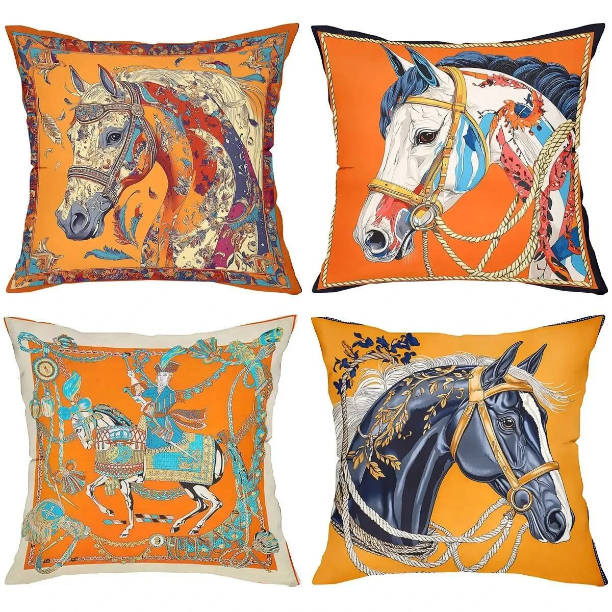 Vibrant Equestrian Horse Portrait Throw Pillow Covers Set for Farmhouse Rustic Home Decor Accent Cushion