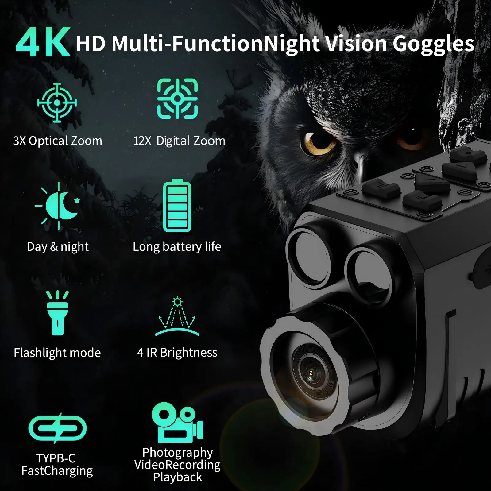 

4K Recording & 40MP Capture in a Pocket-Sized Monocular 12X Digital Magnification Night Vision Device for Hunting