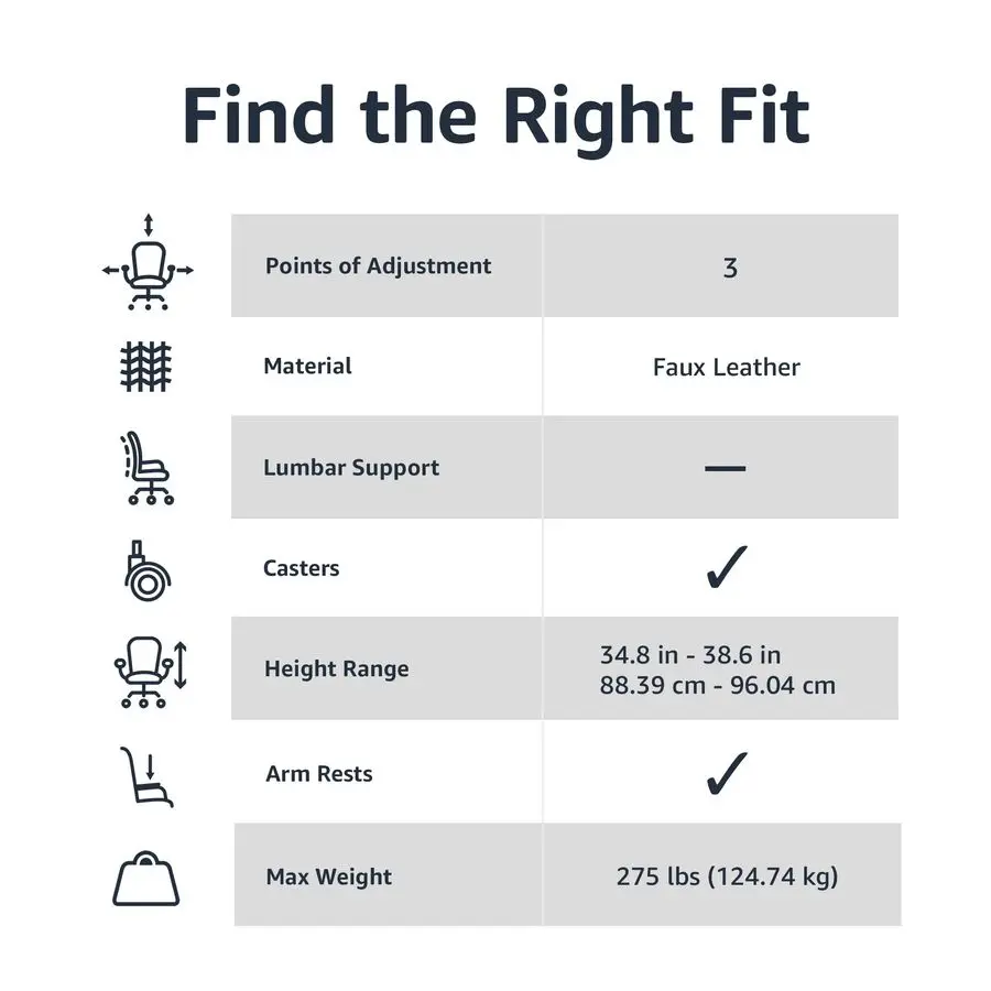 Büro-Computertischstuhl mit gepolsterten Armlehnen, mittlere Rückenlehne, verstellbar, 360° drehbar, rollbar, 275 Pfund Kapazität, 24,2 T x 24 W
