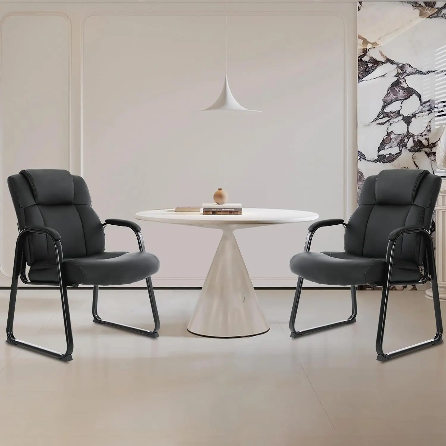 Big and Tall Office Chair Set of 2 500lbs Leather Reception Chair with Bonded Padded Armrest Wide Seat Sled Base Desk Chair