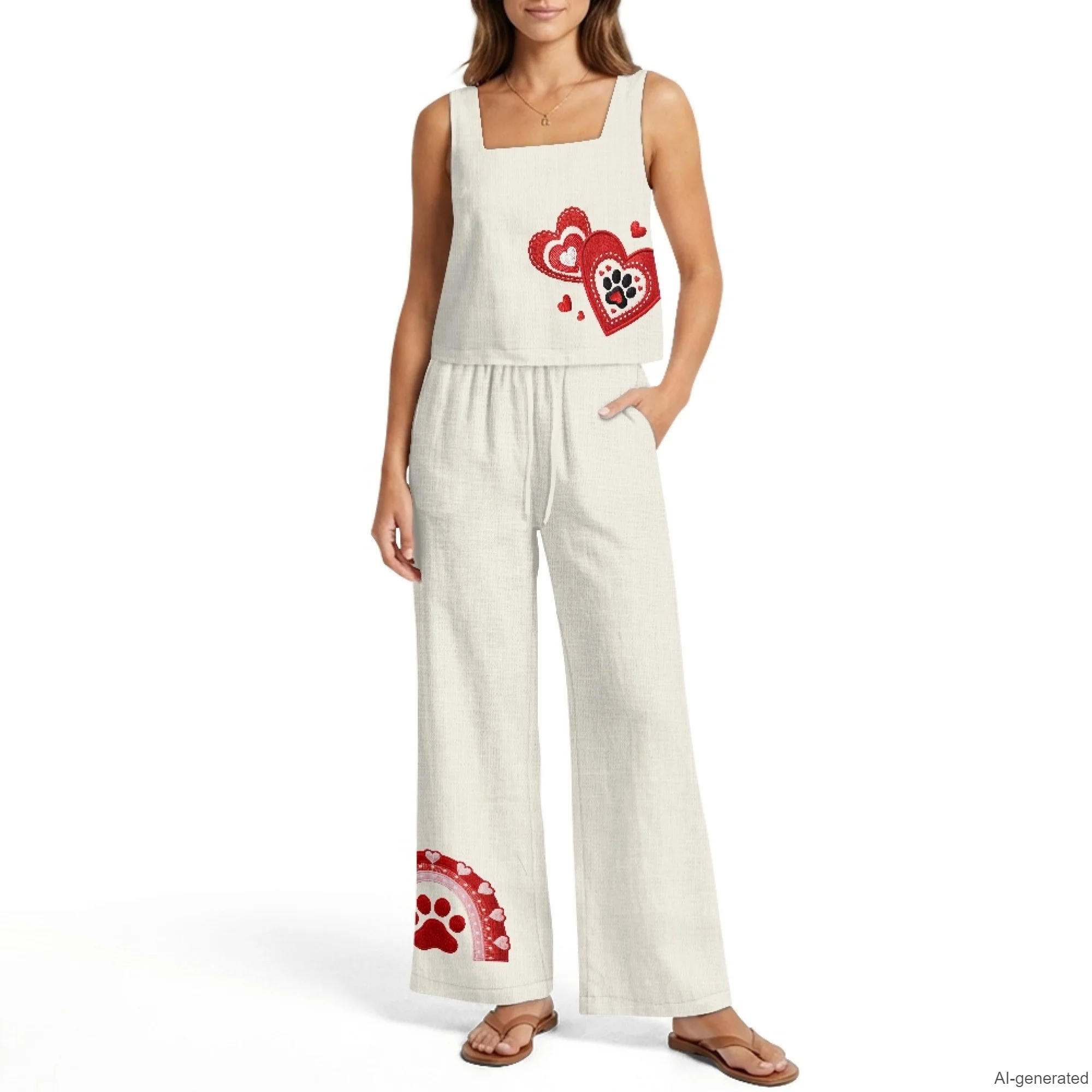 INSTANTARTS Women's Vest Wide-Leg Pants Linen Suit 2Pc Summer Casual Outfits Heart Print Sleeveless Vest Wide Leg Pants S-2XL