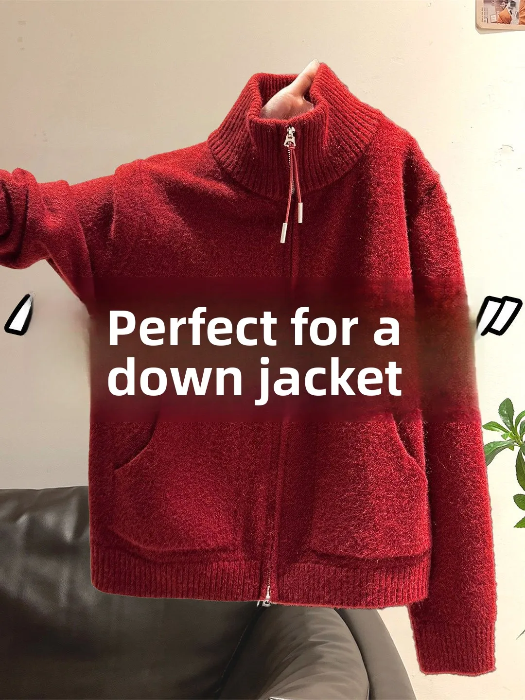

Красный утепленный вязаный кардиган с воротником-стойкой, женская осенне-зимняя верхняя одежда, внутренний слой под пуховый жилет