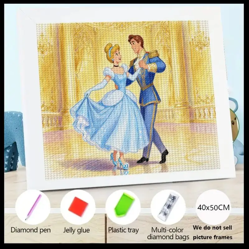 

1PC 5D Full Drill Diamond Painting Kit, DIY Cinderella & Prince Charming Dancing Fairy Tale Wall Art, Romantic Princess Prince C