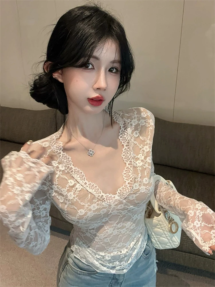

Spicy Girl V-Ne ort Lace Women's Spring Autumn New Design Slimming Waist Outerwear Inner Match Long Sve Top