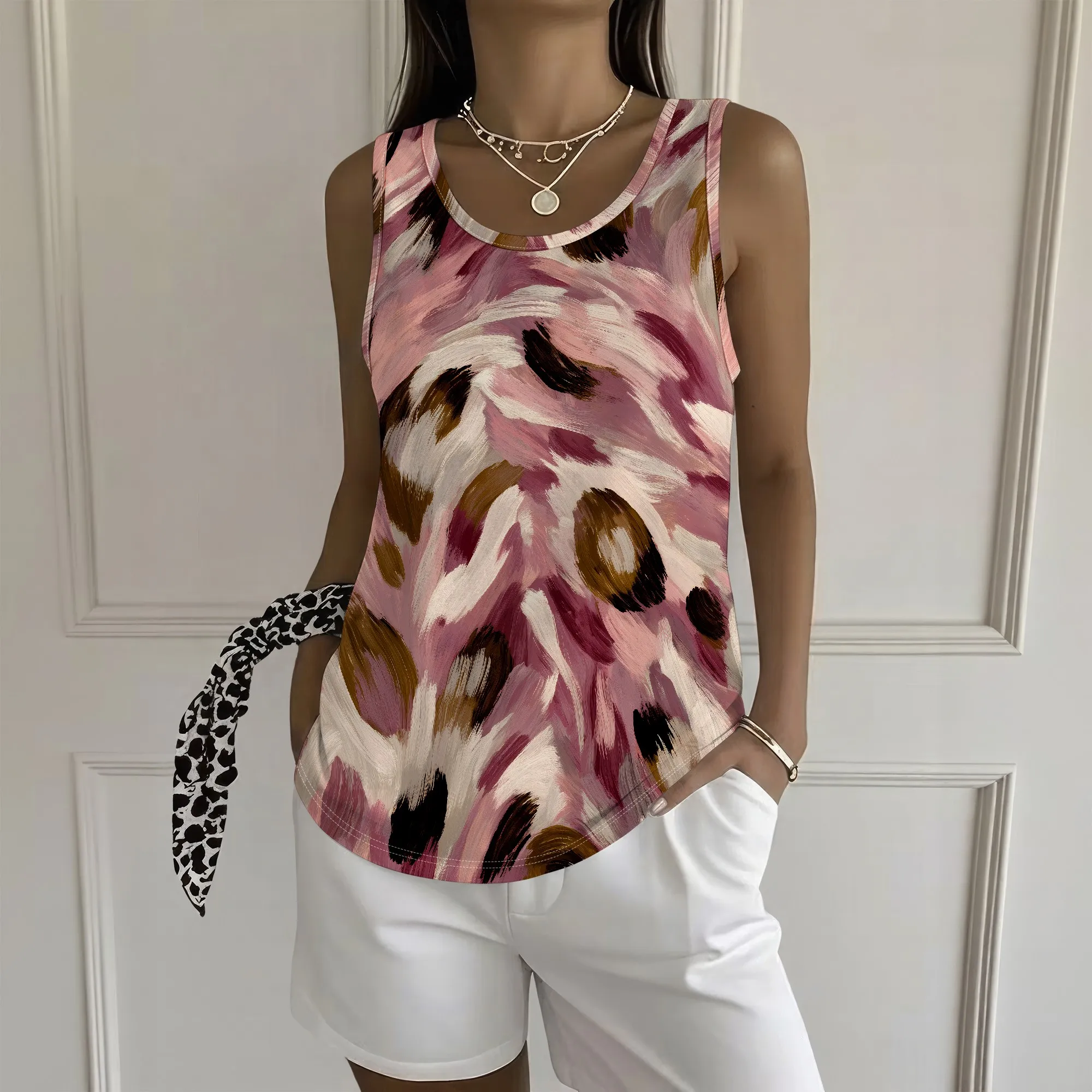 Pink Leopard Print Tank Top, Abstract Animal Pattern Sleeveless Blouse, Summer Casual Loose Fit Tee for Women, S-2XL
