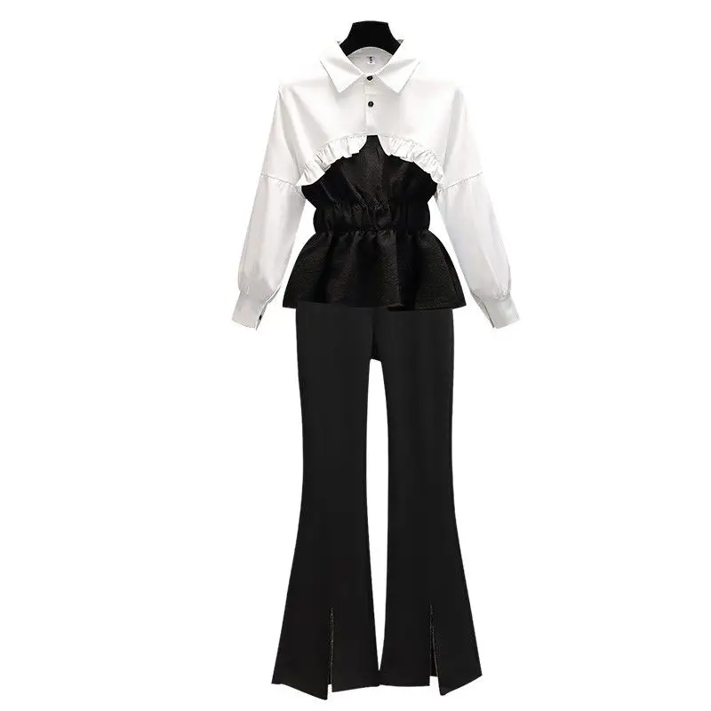 Autumn 2022 New Ruffle Panel Pleated Chiffon Shirt Casual Wide Leg Trousers Two Piece Elegant Women\'s Pants Set Female Trousers