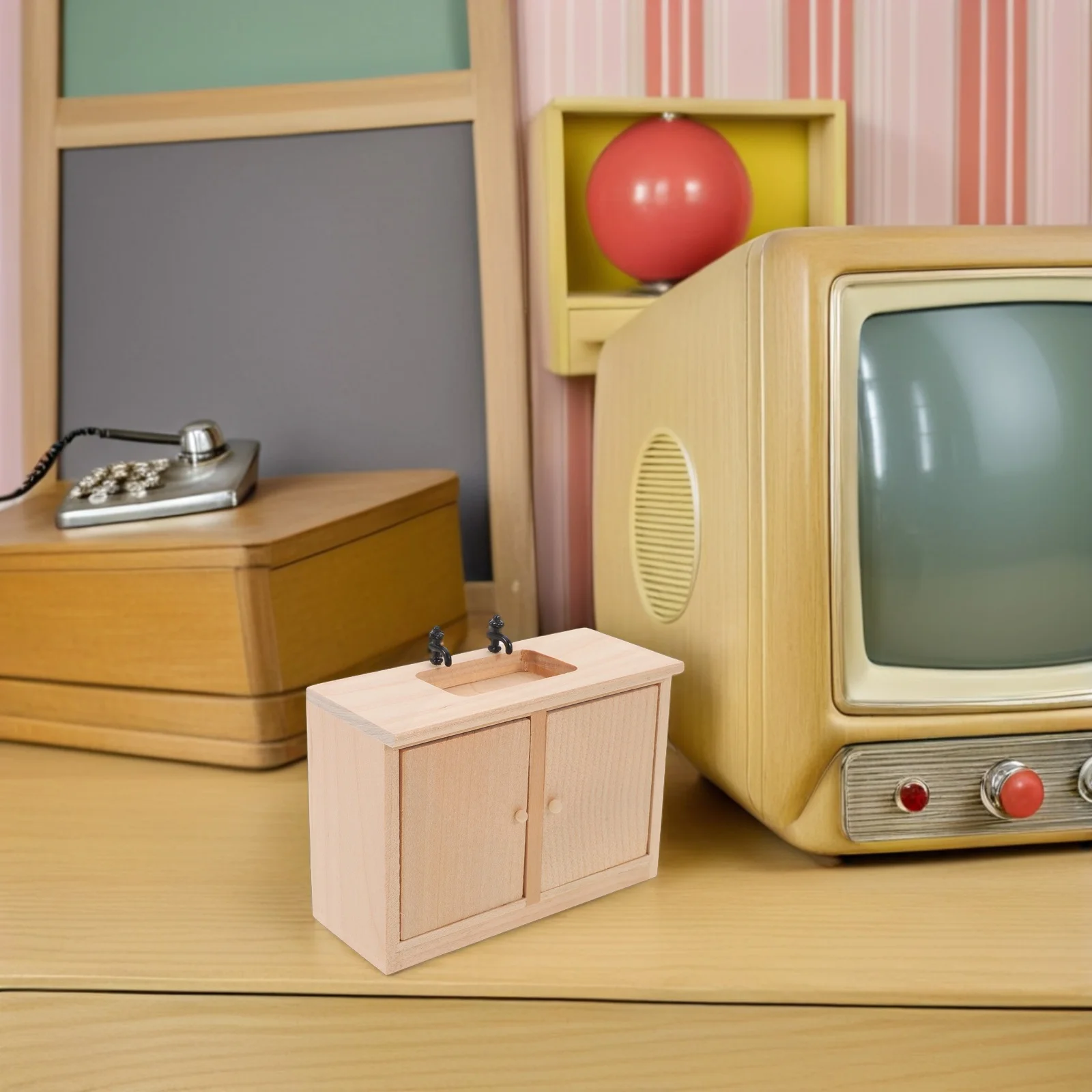 ミニチュア木製シンクキャビネット 1:12 スケール ドールハウス家具 本物のバスルーム装飾 プレイやコレクション用 洗面器工芸品
