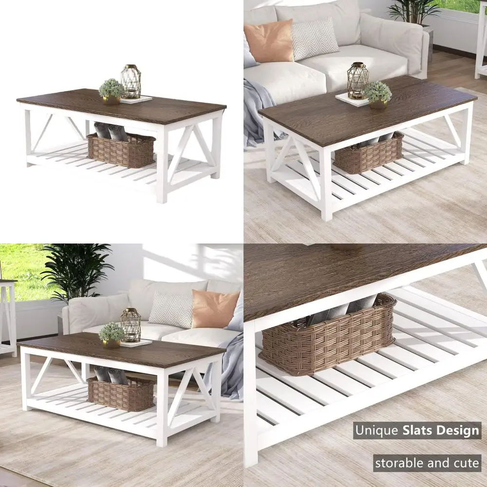 

Vintage Rustic White Coffee Table with Shelf, 40 for Farmhouse Living Room