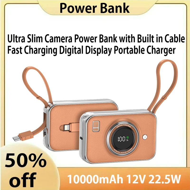 

10000mAh Ultra Slim Camera Power Bank with Built in Cable Fast Charging Digital Display Portable Charger