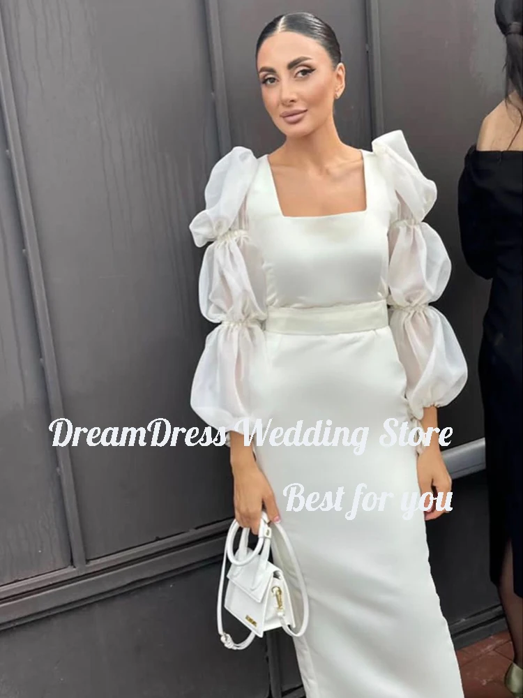 DREAM Customized Simple Iovry A-Line Wedding Dresses Square Collar Lantern Sleeves Bridal Gowns Ankle-Length Vestido Novia Boda