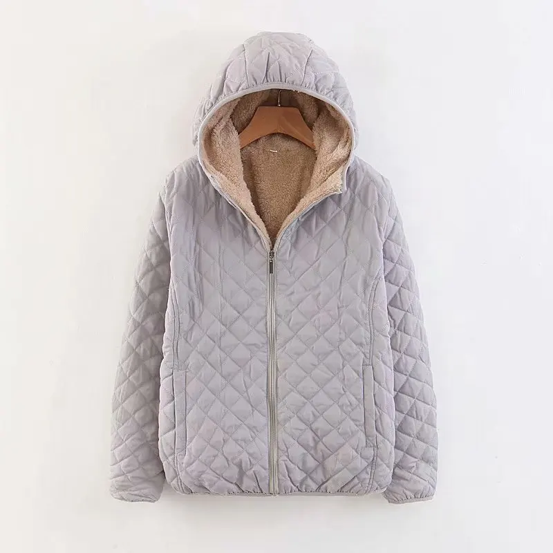 Women\'s Coat Fleece Warm Autumn Winter Hooded Zipper Jacket Plaid Slim Long Sleeve Solid Color Outerwear Female Quilted Coats