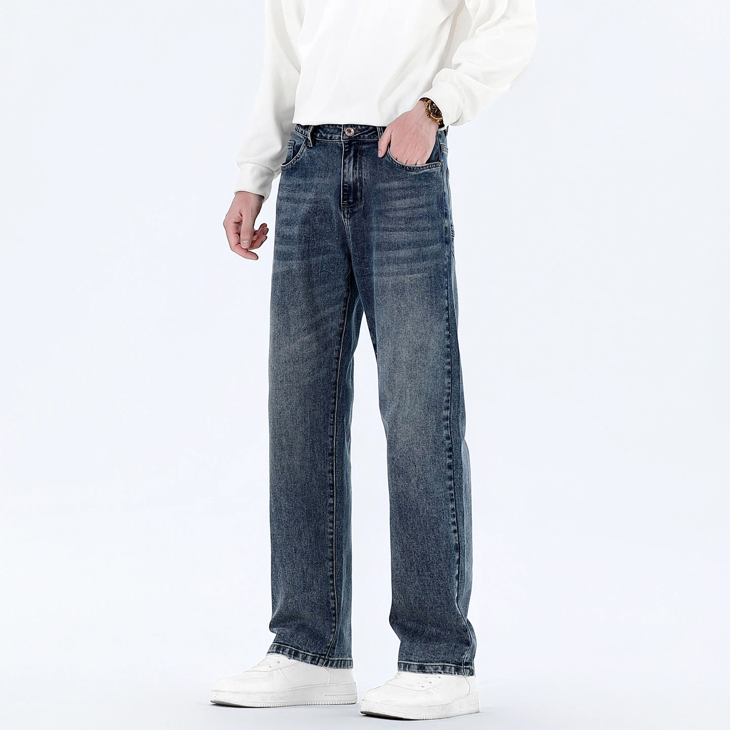 Premium Brand Cotton Four seasons American Men Slim Stretchy Straight Leg Business Denim  Casual  Jeans Elastic Trendy pants new