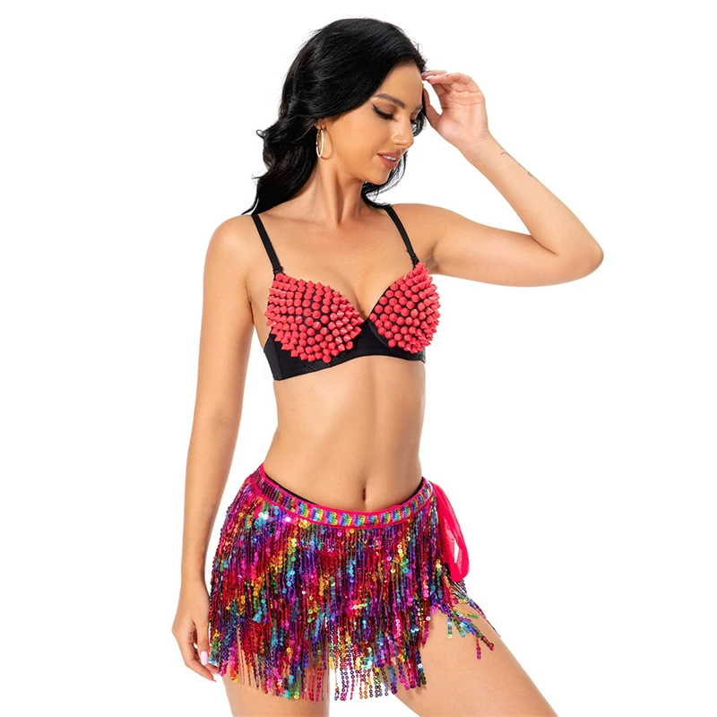 Bauchtanzkostüm für Damen, 2-teiliges Set, Bralette-Top mit Nieten, Regenbogen-Pailletten-Rock mit Quasten, sexy Bühnenoutfit für Partys – Detail 4