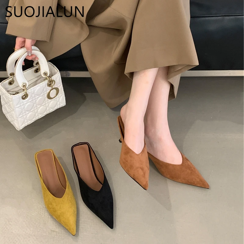 

SUOJIALUN 2025 Autumn Women Slipper Fashion Pointed Toe Sahllow Slip On Mules Shoes Thin High Heel Outdoor Dress Sandal Pumps