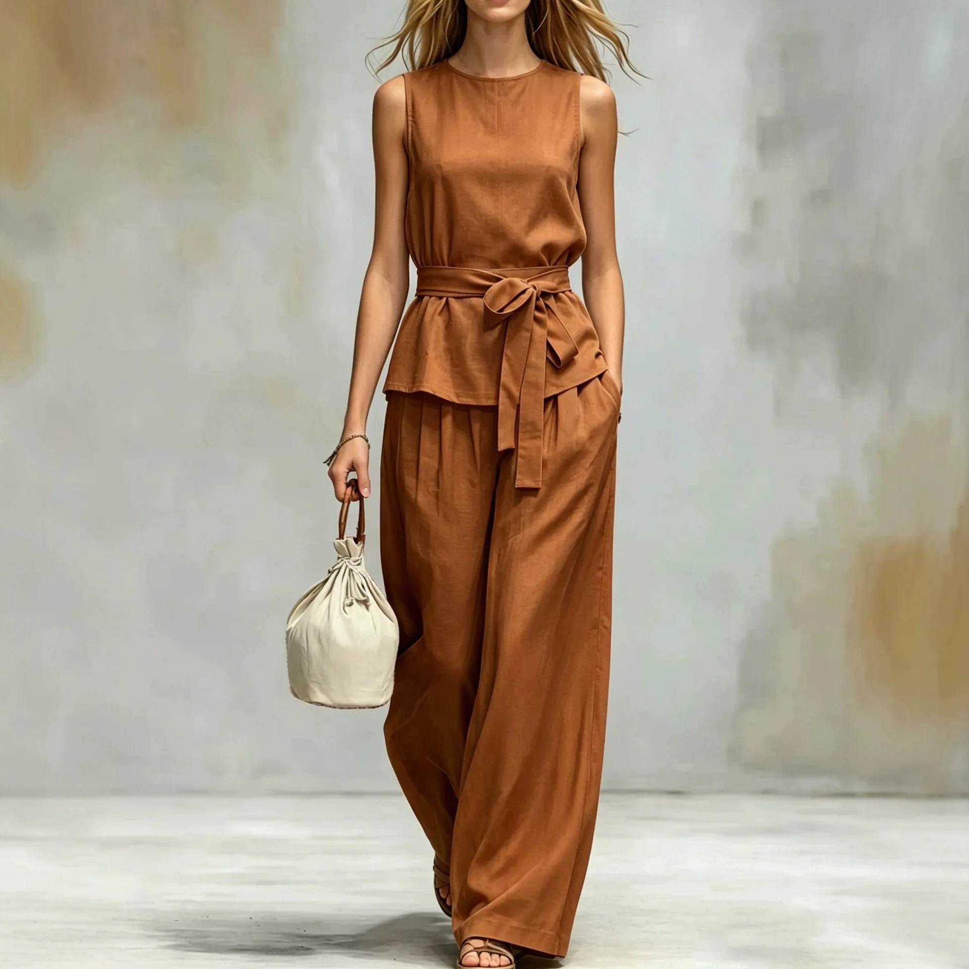 Two-piece Set 2026 Amazon Cross-border Europe, America And Summer New Women's Sleeveless Top Set Casual Belt Trousers Two-piece
