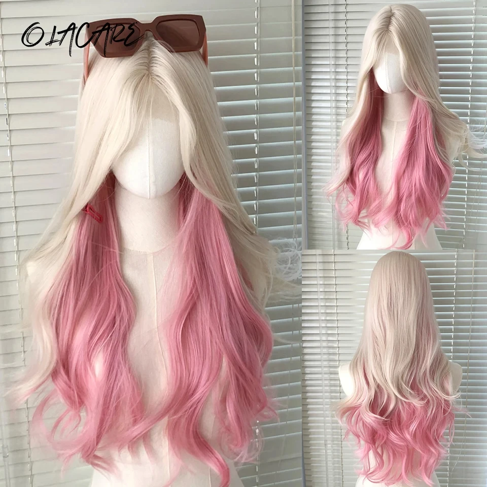 OLACARE Curly Long Wavy Pink Blonde Highlights Synthetic Lace Front Wig With Fluffy Bangs Suitable For Women Daily Use