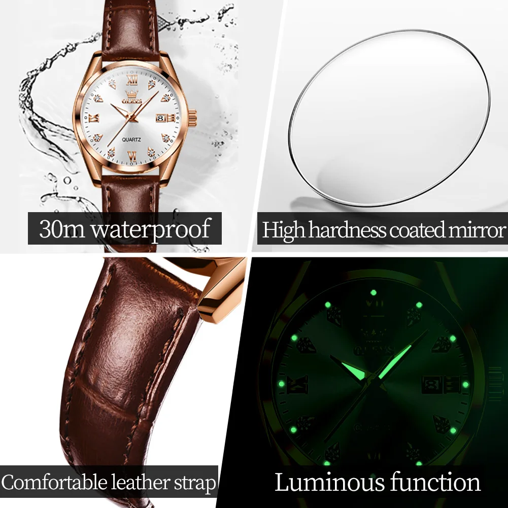 ساعات OLEVS كاجوال فاخرة للنساء بحزام جلدي مريح باللون الأبيض الوردي ساعة يد كوارتز أصلية للسيدات مقاومة للماء ومضيئة