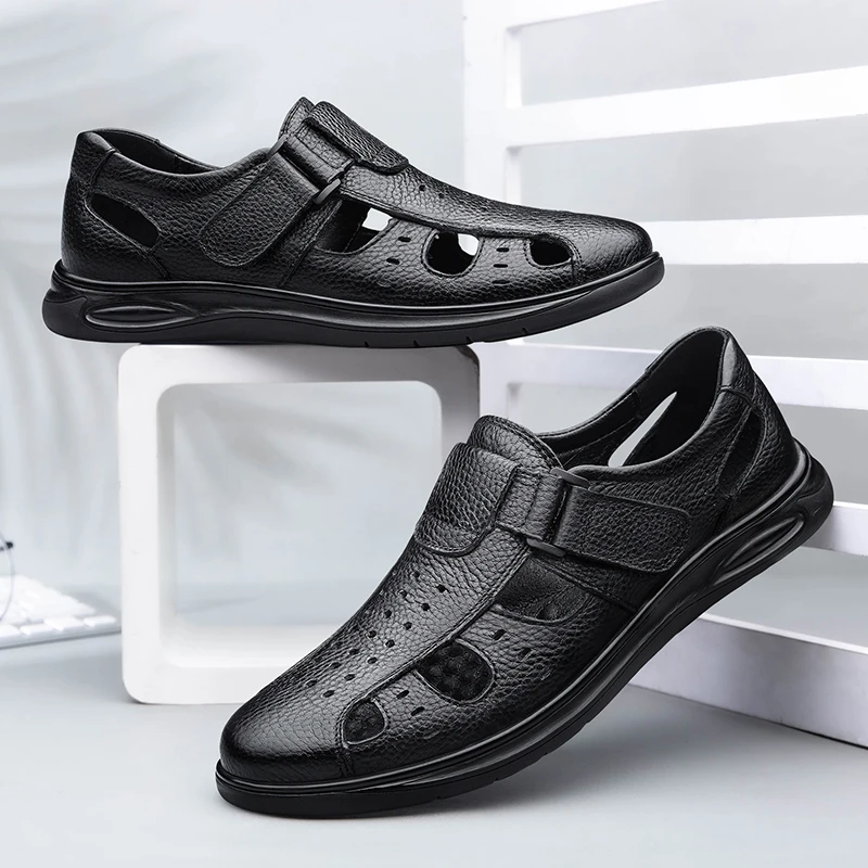 Summer Classic Black Hollow Out Leather Shoes Breathable and Comfortable Business Daily Hiking Shoes Middle Aged Casual Shoes