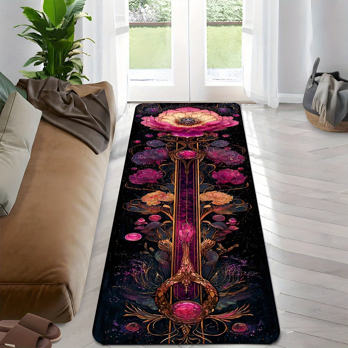 Golden Frame Peony Runner Mat Anti Slip Washable Dark Black Vintage Floral Gem Decor Rug for Kitchen Bedroom Hall Laundry Entry