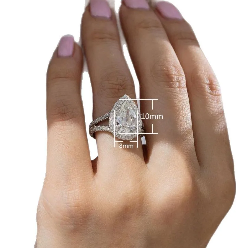 الكلاسيكية الفضة مطلية بالذهب خاتم الخطوبة المرأة فنجر الكمثرى Waterdrop مكعب زركونيا خاتم الزفاف خواتم الزفاف للمرأة #5