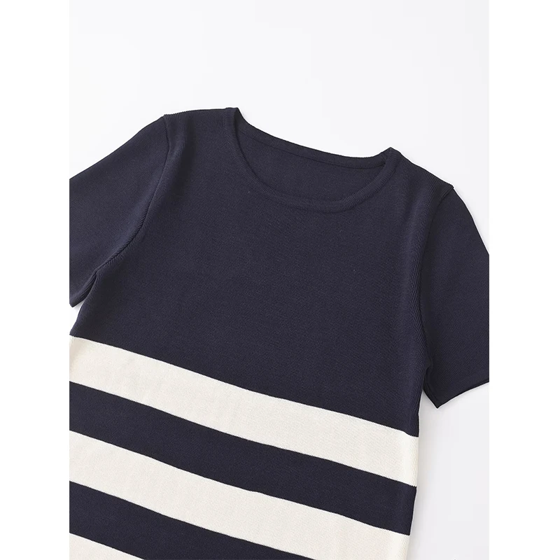 YENKYE Autumn Women Contrasting Striped Knit Dress Short Sleeve Round Neck Female Casual Dresses Mini Vestidos