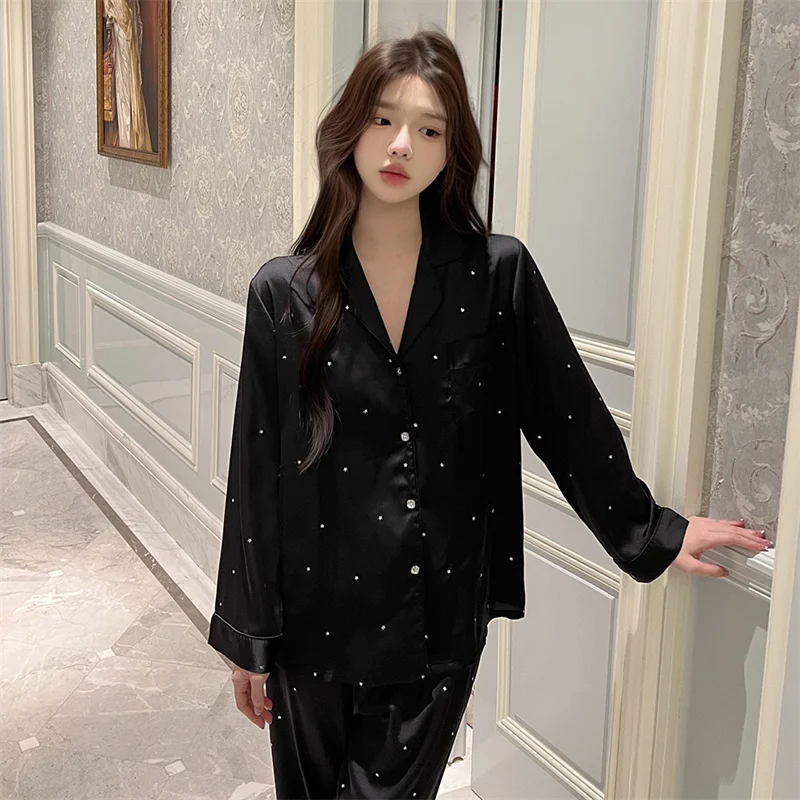 

Silk Satin Sleepwear Clothes Lounge Fashion Home Pajamas For Women Long Sleeve Nightwear Sleeping Pijama Feminino Night Set